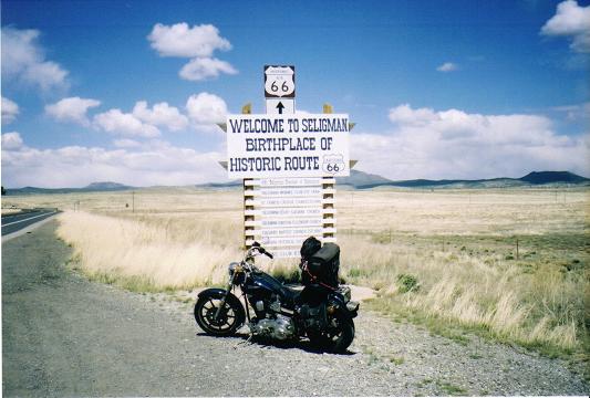 [At the entrance sign to Seligman, AZ..]