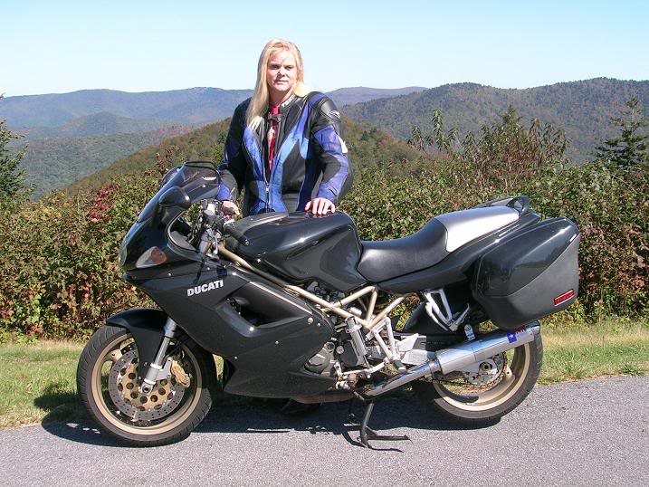 [Vicki and the Geezer Glide on the Blue Ridge Parkway]