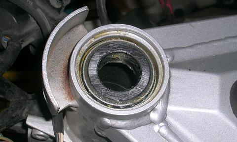 [The new upper steering stem bearing placed in the frame.]
