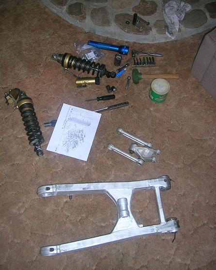 [Swingarm and both shocks on my living room floor as I inspect bearings and seals for reassembly.]
